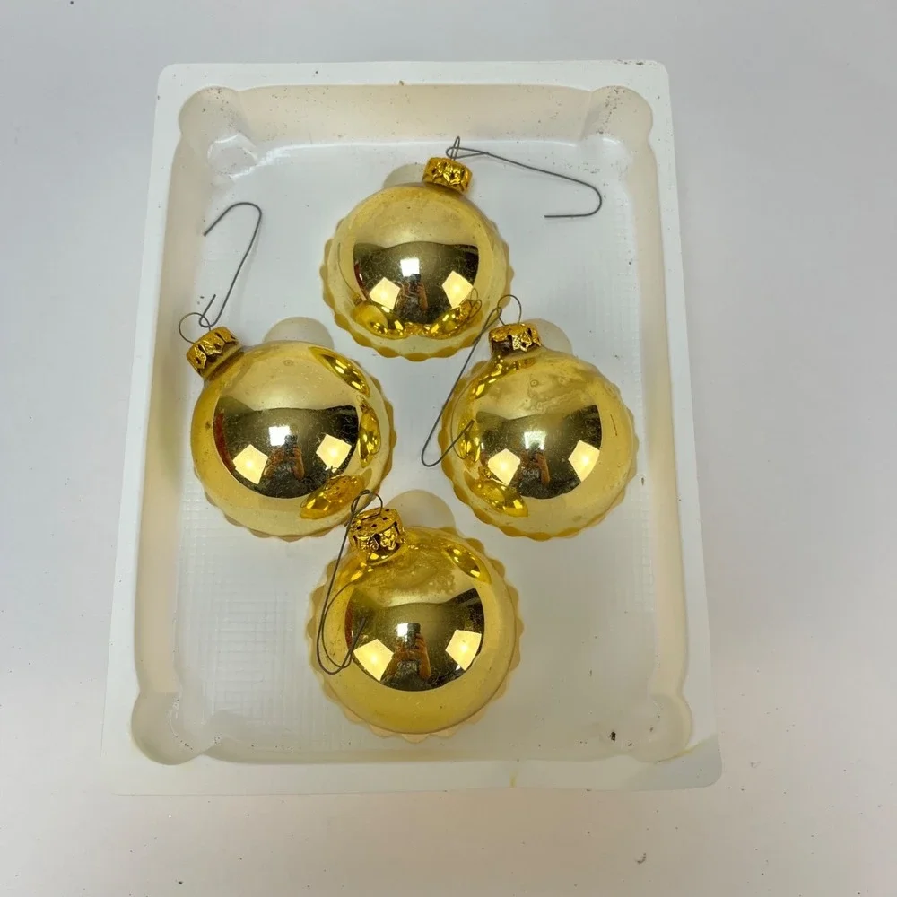 Vtg  Victoria Collection Gold Glitter‎ Glass Christmas Ornaments- 2 Boxes